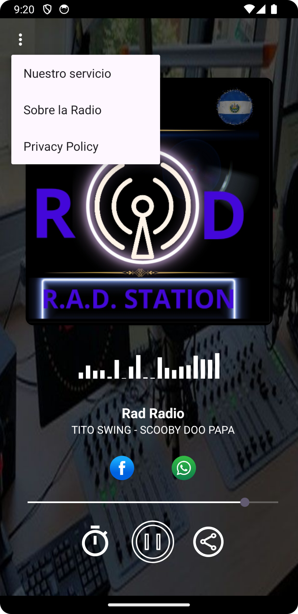 Menú de la aplicación Rad Radio